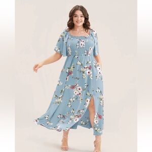 BloomChic Plus Size 4XL Floral Square Neck Ruffles Pocket Shirred Split Dress